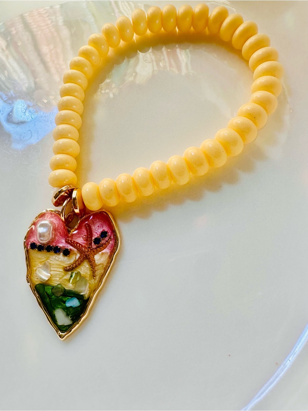 Yellow Beaded Stretch Bracelet with Heart Beach Charm